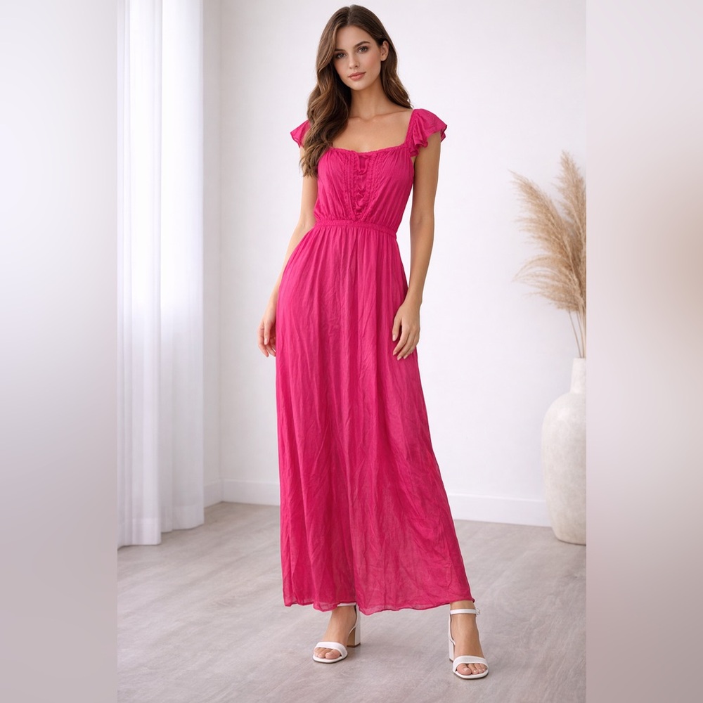 Texsheer Hot Pink Maxi Dress Ruffle Strap Flowy Size‎ M